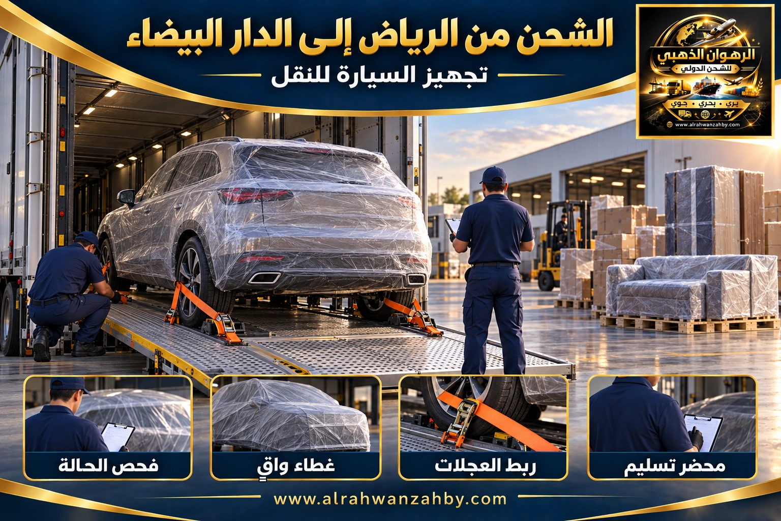 تجهيز السيارة للشحن من الرياض إلى الدار البيضاء — تصور توضيحي للرهوان الذهبي