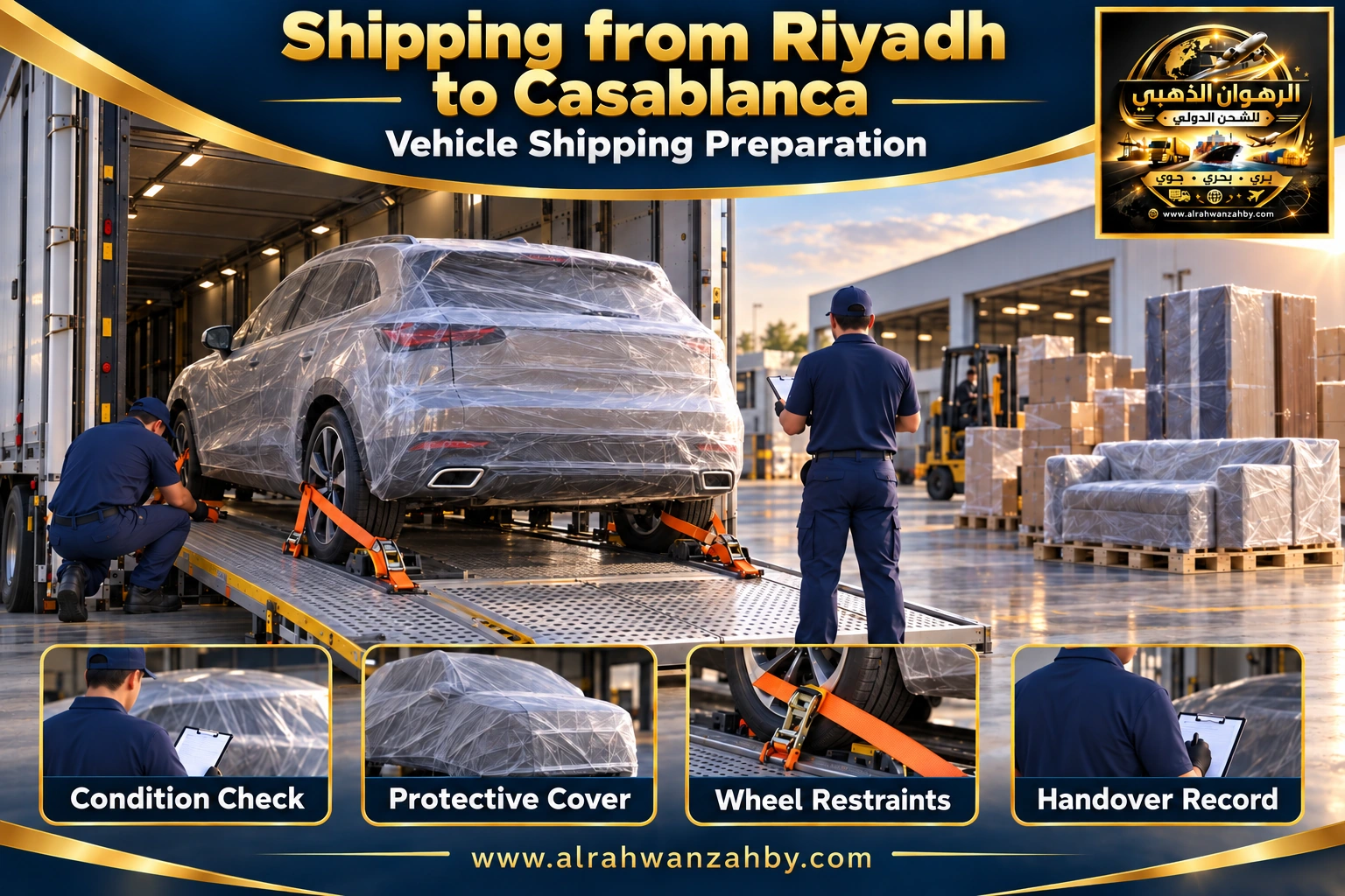 Vehicle shipping preparation from Riyadh to Casablanca — Alrahwan Golden illustrative visual