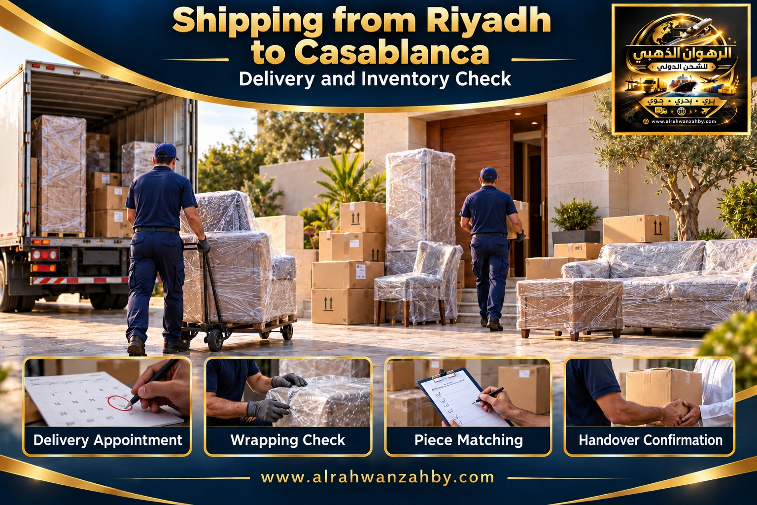 Delivery coordination and inventory matching from Riyadh to Casablanca — Alrahwan Golden illustrative visual
