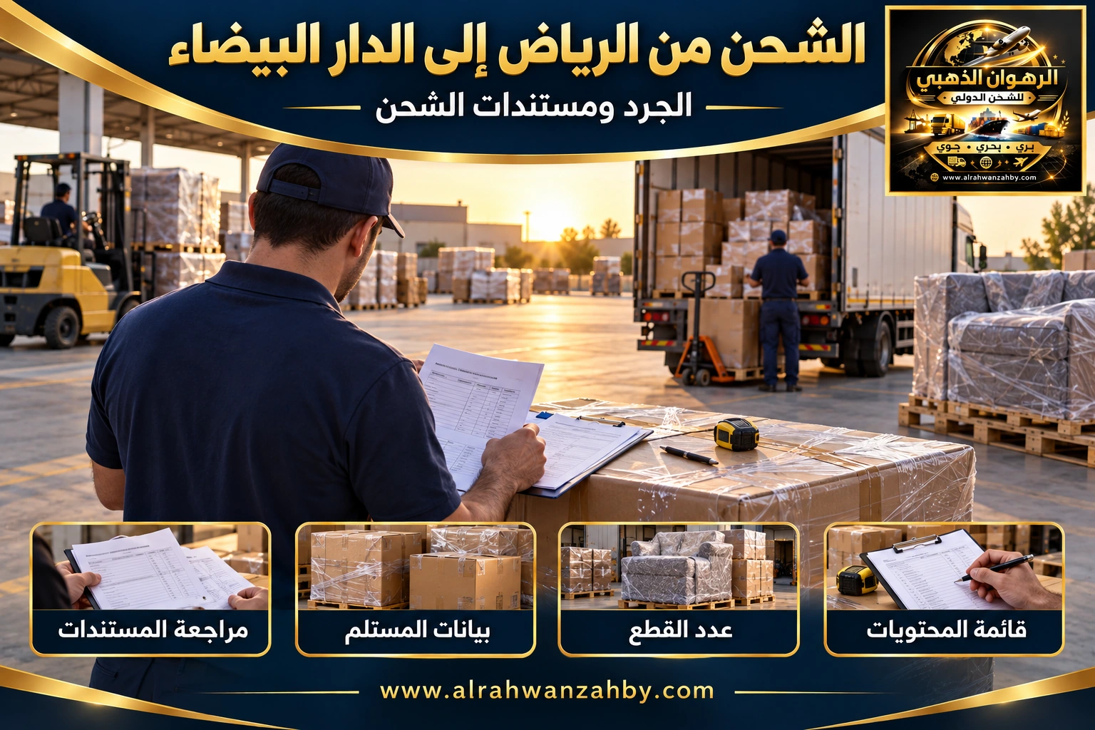 الجرد ومستندات الشحن من الرياض إلى الدار البيضاء — تصور توضيحي للرهوان الذهبي
