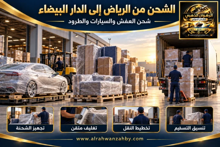 الشحن الدولي من الرياض إلى الدار البيضاء — تصور توضيحي للرهوان الذهبي