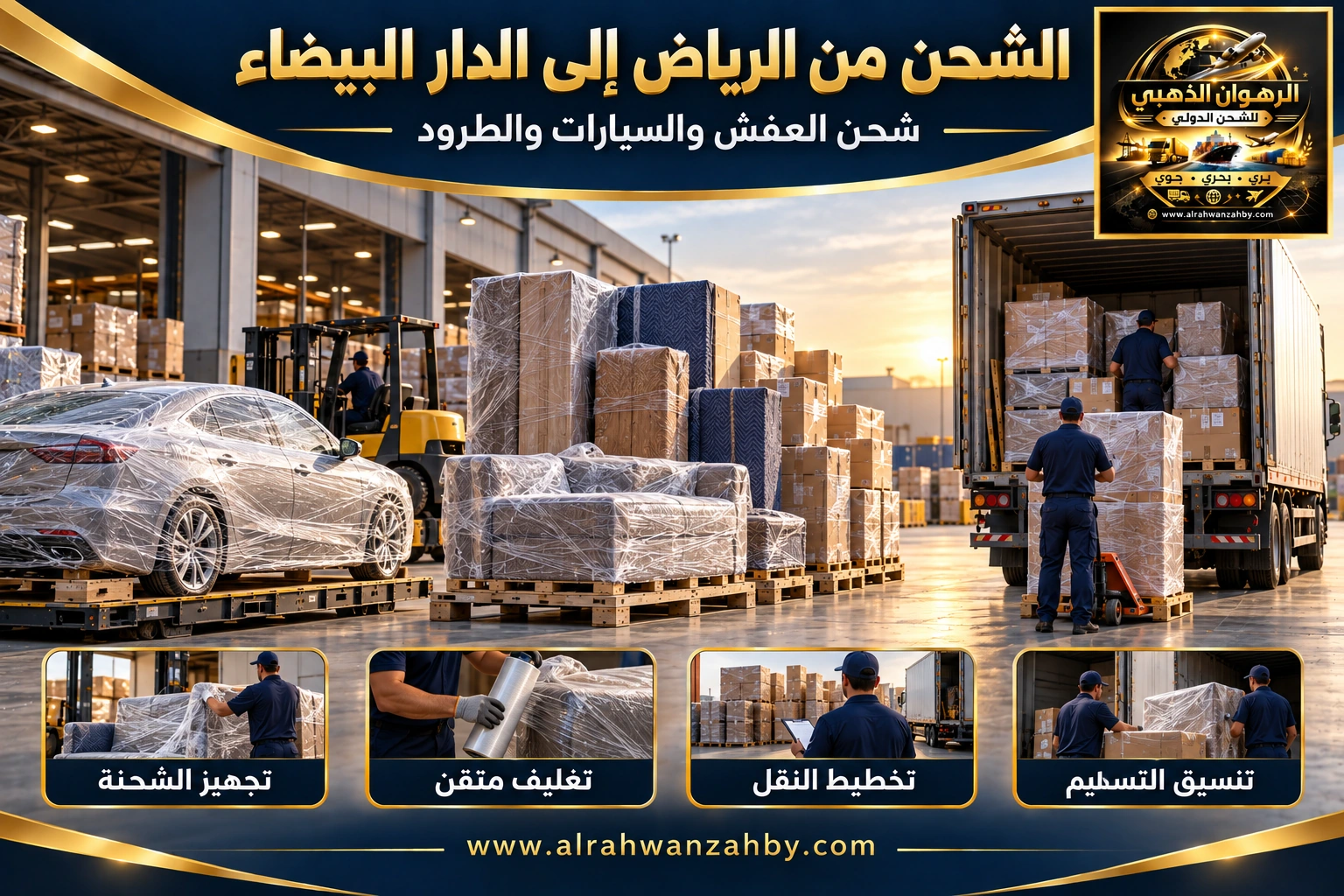 الشحن الدولي من الرياض إلى الدار البيضاء — تصور توضيحي للرهوان الذهبي