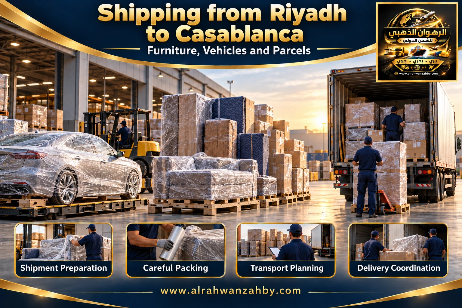 International shipping from Riyadh to Casablanca — Alrahwan Golden illustrative visual