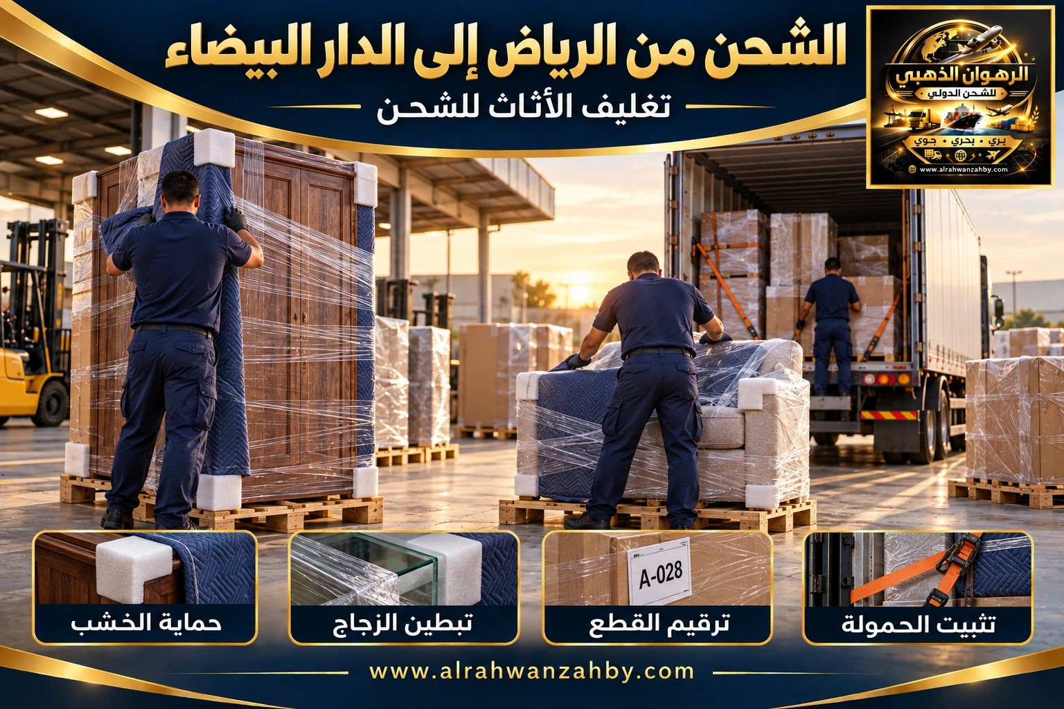تغليف الأثاث من الرياض إلى الدار البيضاء — تصور توضيحي للرهوان الذهبي