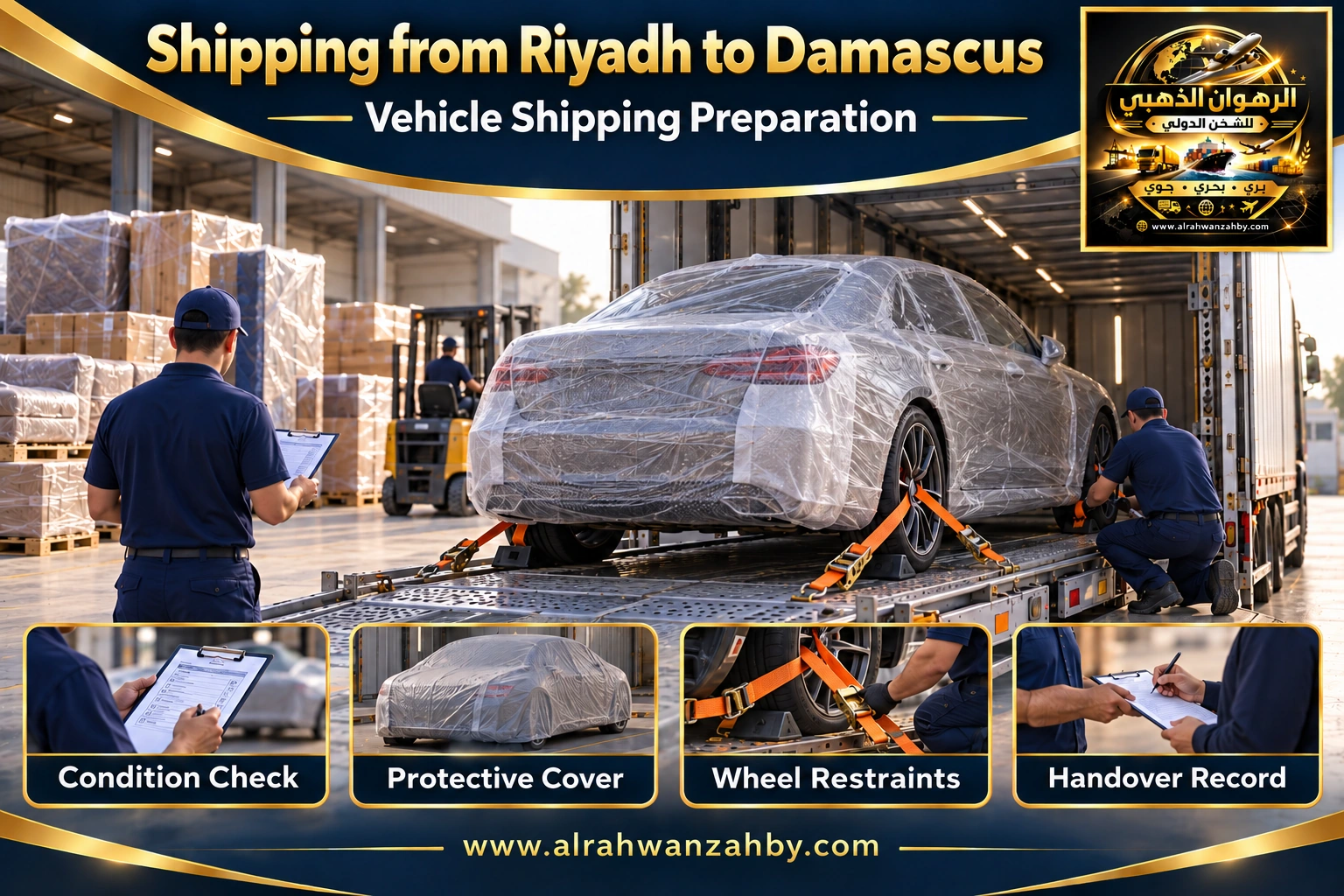 Vehicle shipping preparation from Riyadh to Damascus — Alrahwan Golden illustrative visual