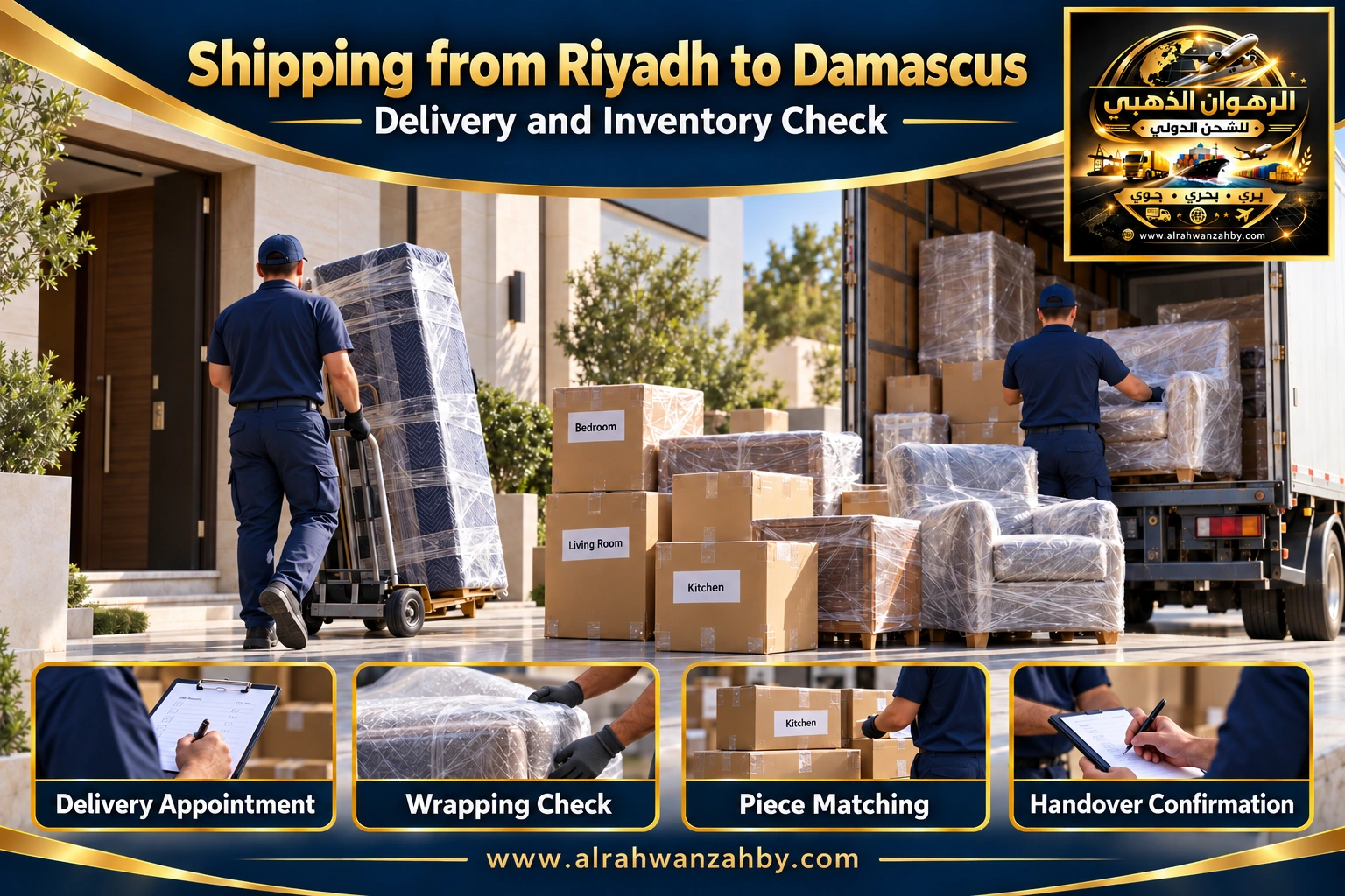 Delivery coordination and inventory matching from Riyadh to Damascus — Alrahwan Golden illustrative visual