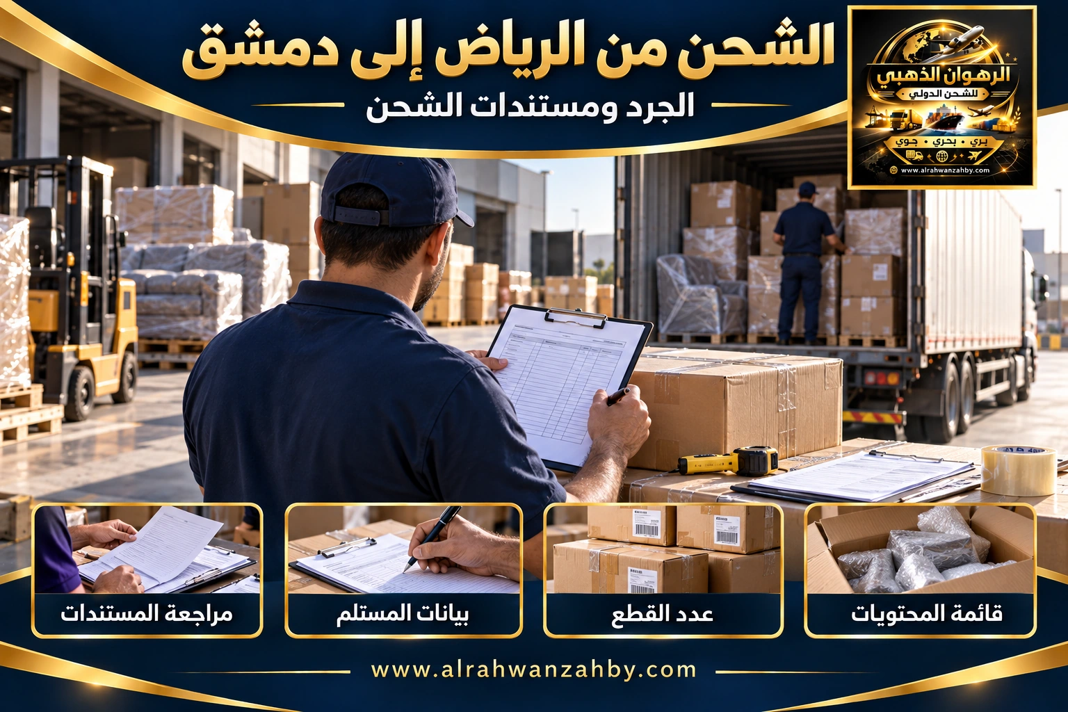 الجرد ومستندات الشحن من الرياض إلى دمشق — تصور توضيحي للرهوان الذهبي
