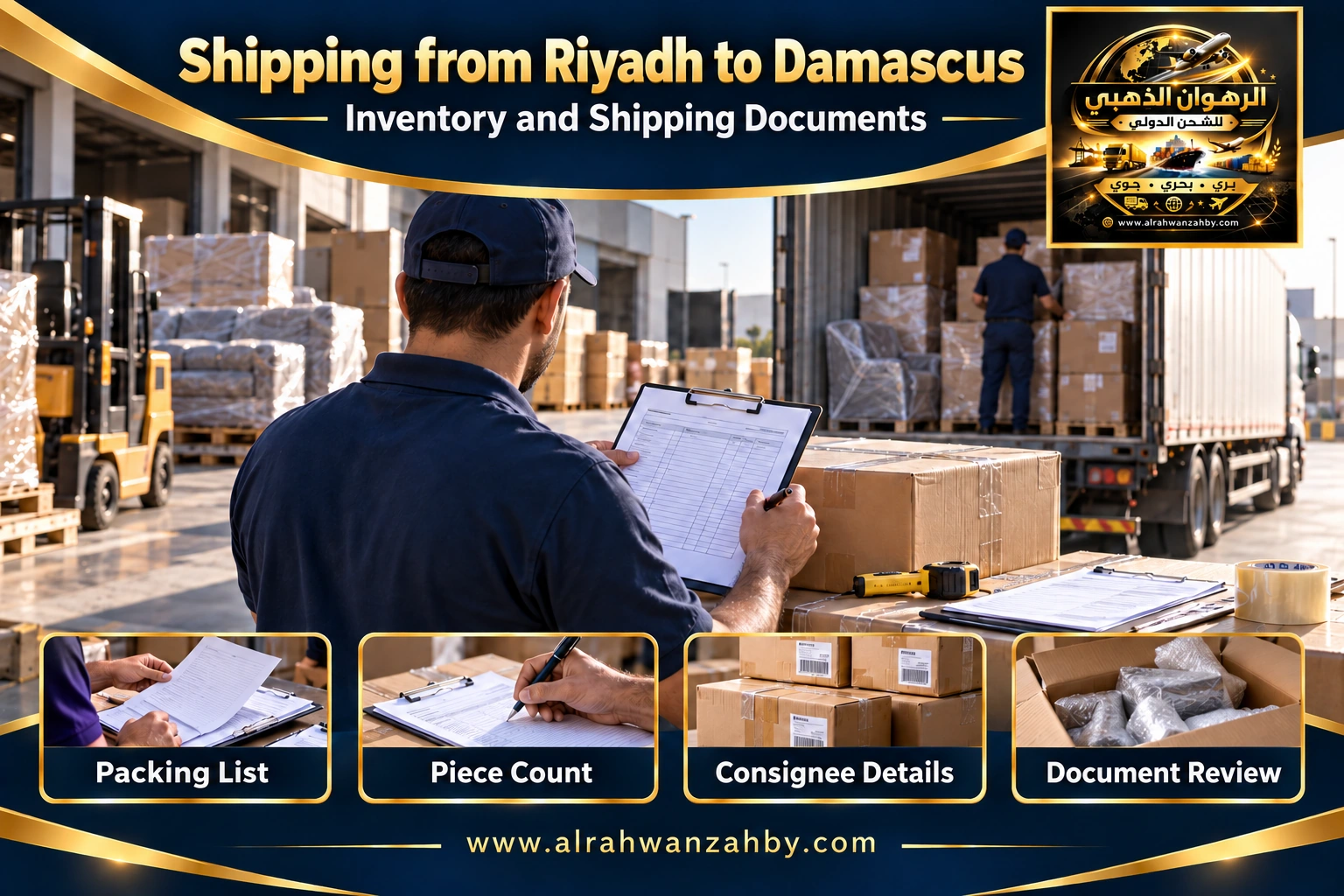 Inventory and shipping documents from Riyadh to Damascus — Alrahwan Golden illustrative visual