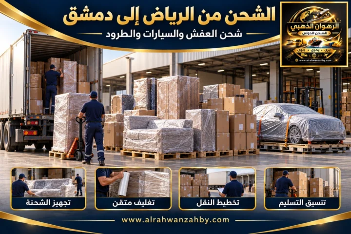 الشحن الدولي من الرياض إلى دمشق — تصور توضيحي للرهوان الذهبي