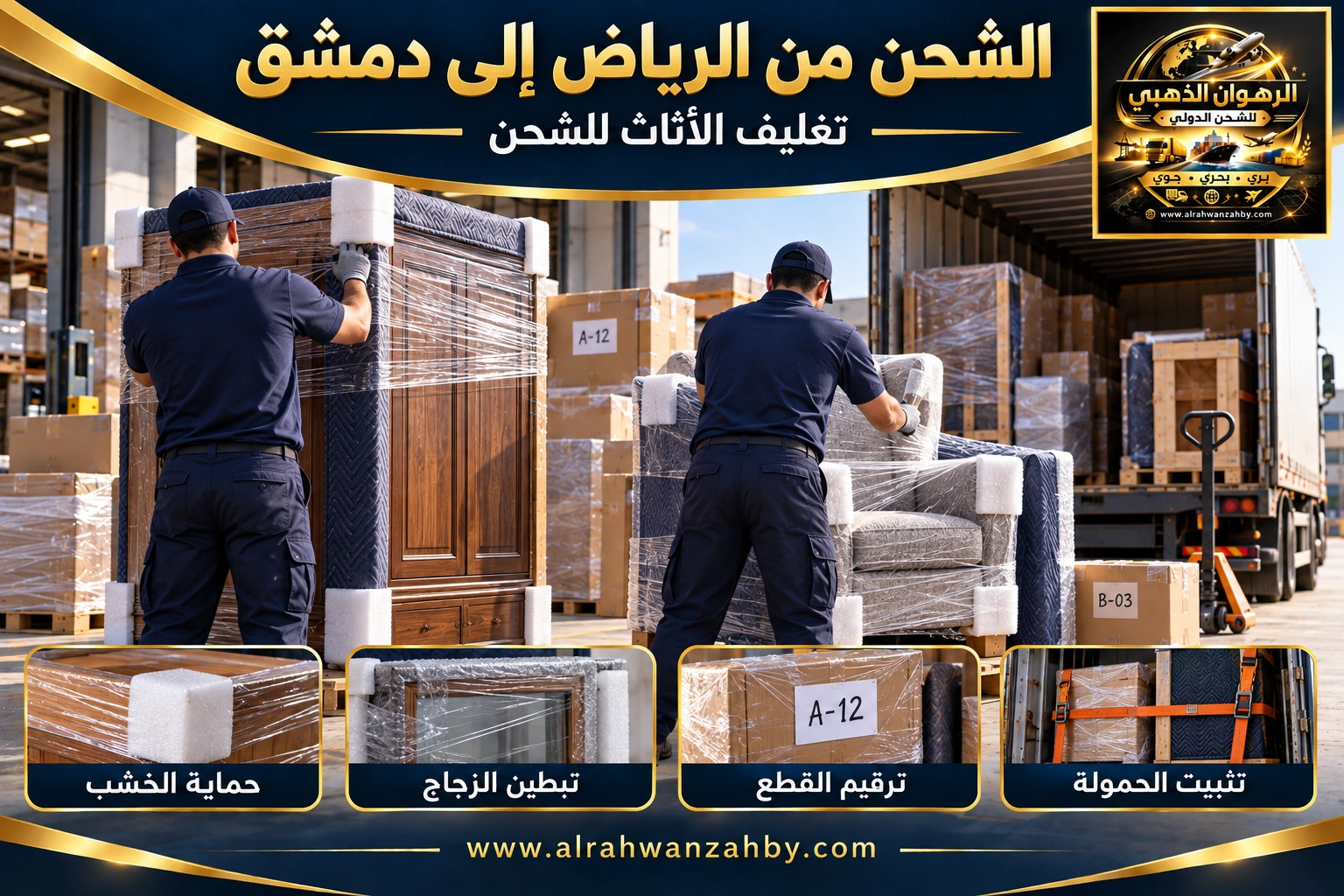تغليف الأثاث من الرياض إلى دمشق — تصور توضيحي للرهوان الذهبي
