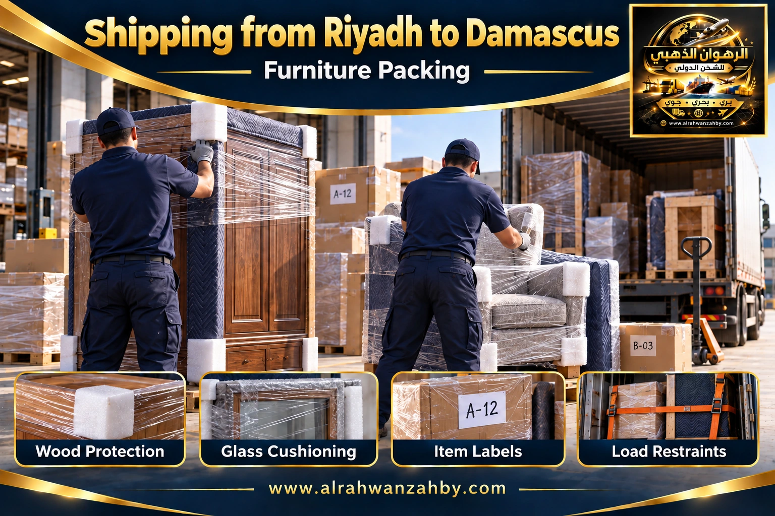 Furniture packing from Riyadh to Damascus — Alrahwan Golden illustrative visual