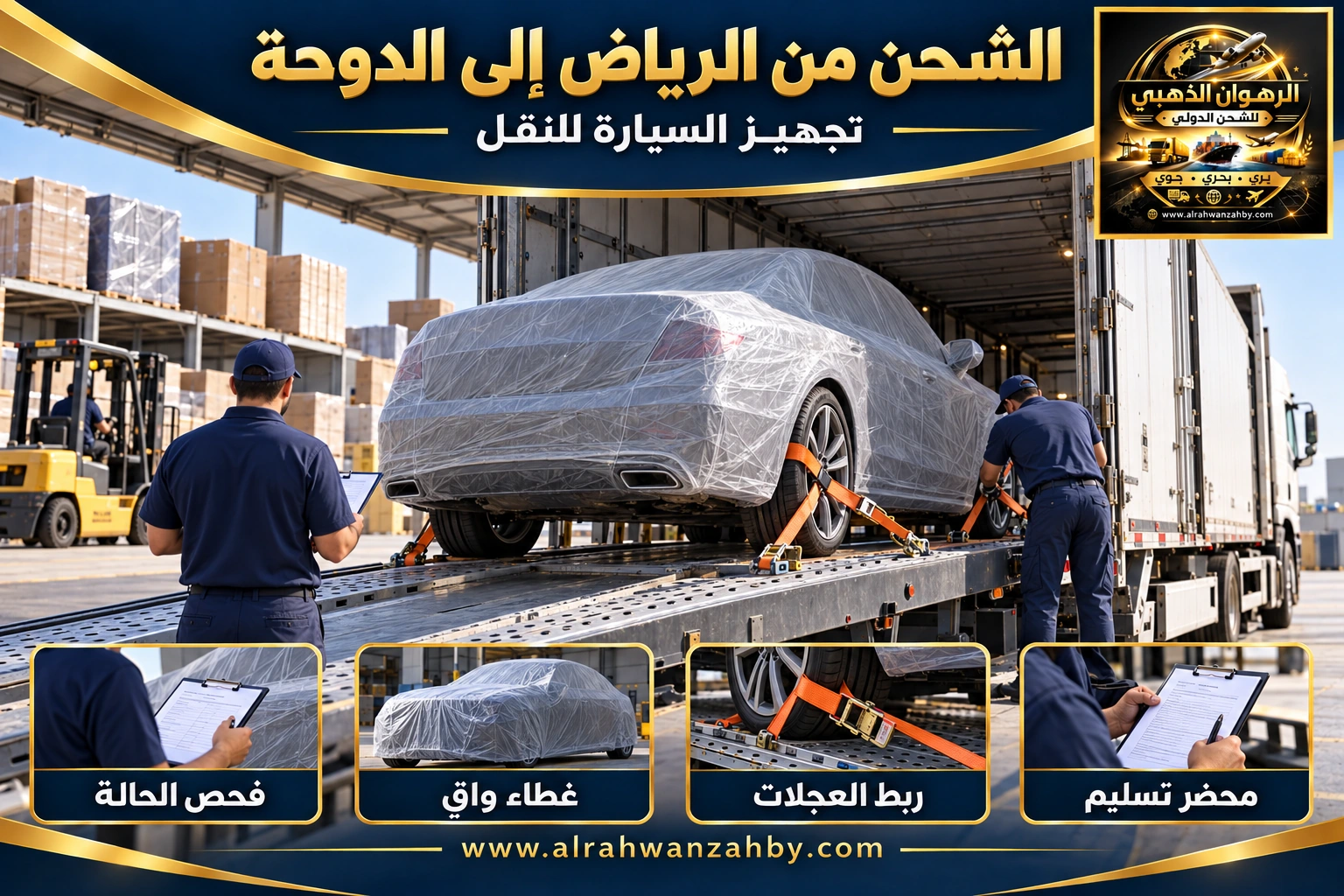 تجهيز السيارة للشحن من الرياض إلى الدوحة — تصور توضيحي للرهوان الذهبي