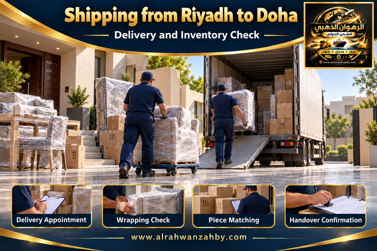 Delivery coordination and inventory matching from Riyadh to Doha — Alrahwan Golden illustrative visual