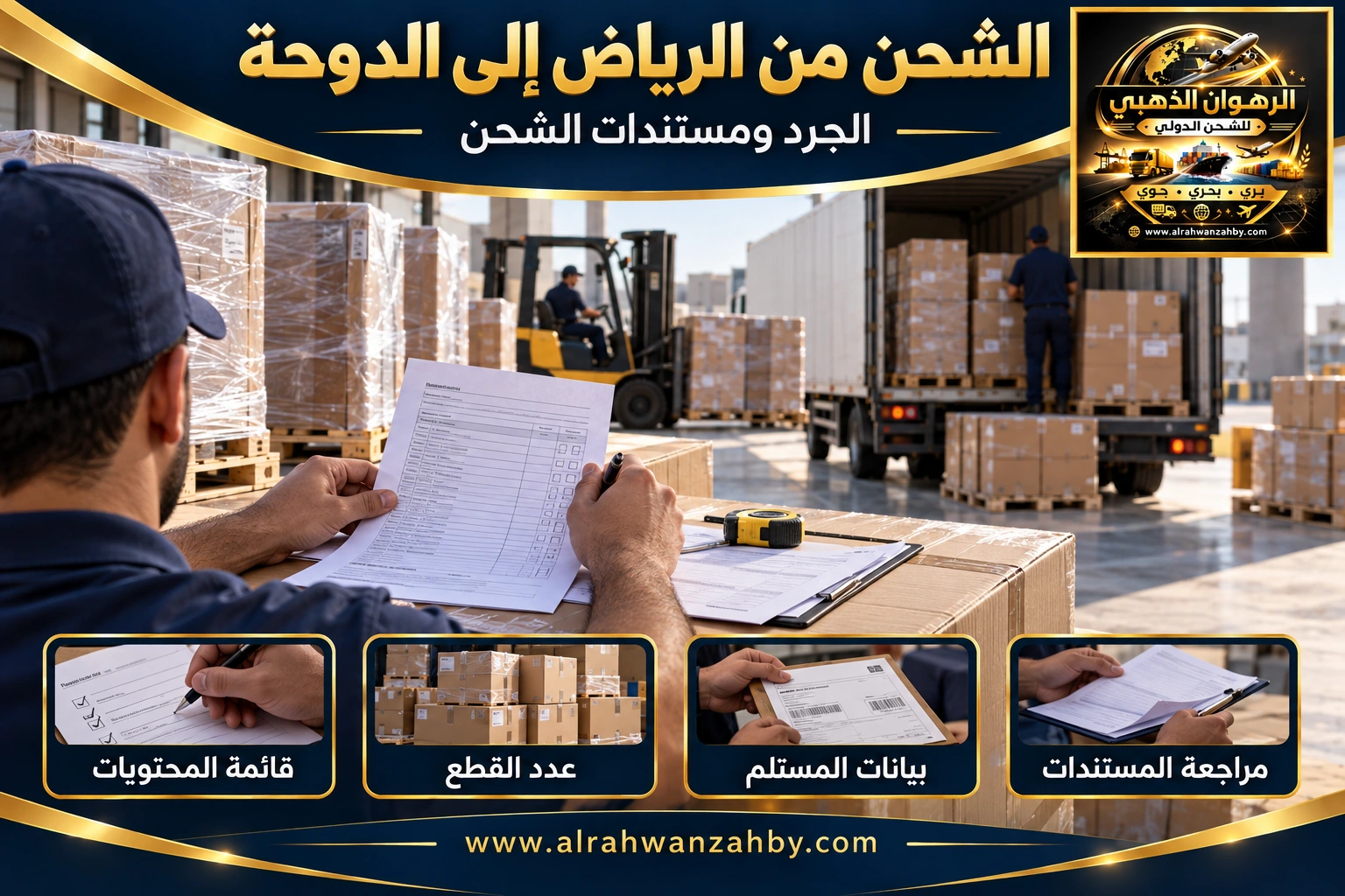 الجرد ومستندات الشحن من الرياض إلى الدوحة — تصور توضيحي للرهوان الذهبي