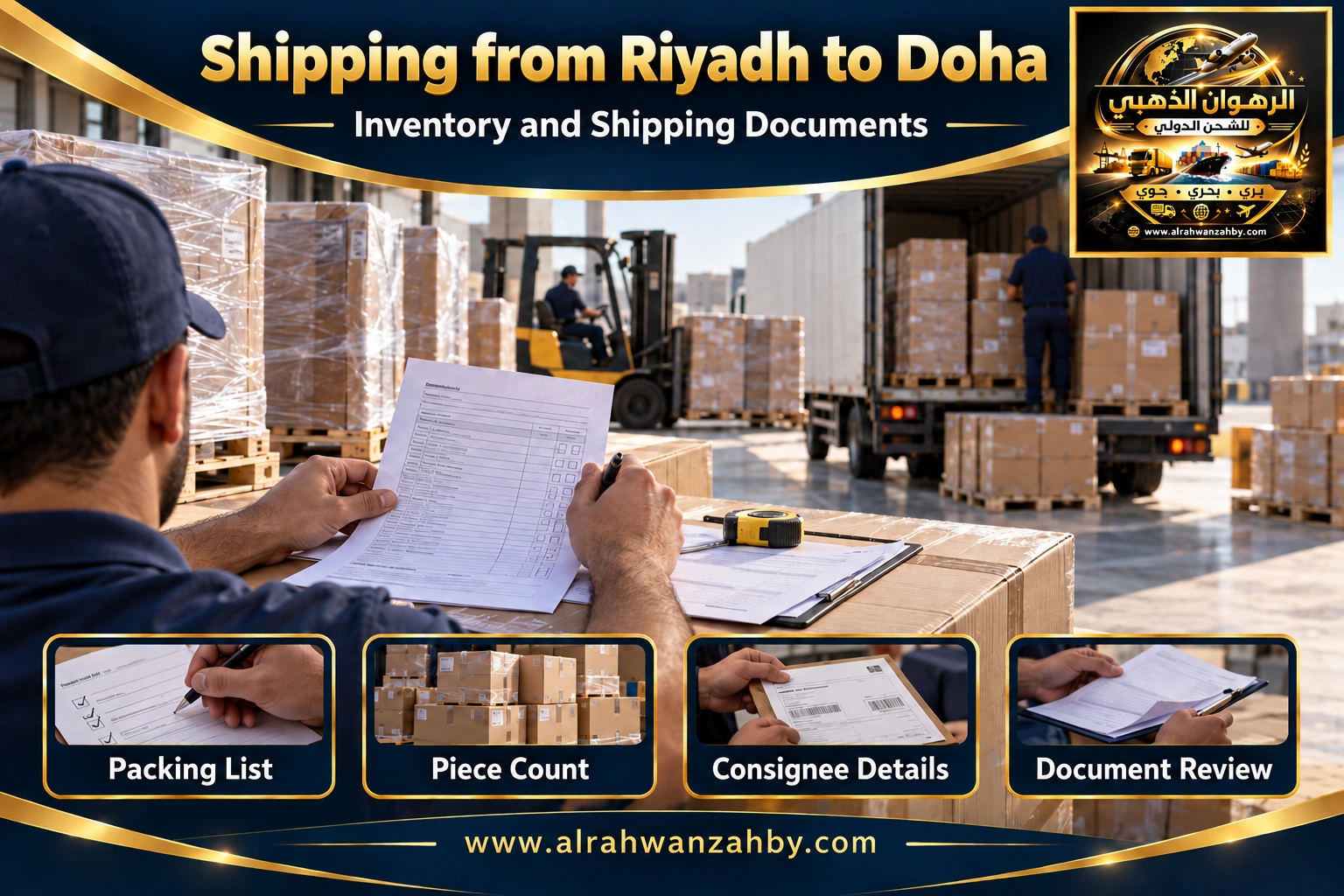 Inventory and shipping documents from Riyadh to Doha — Alrahwan Golden illustrative visual