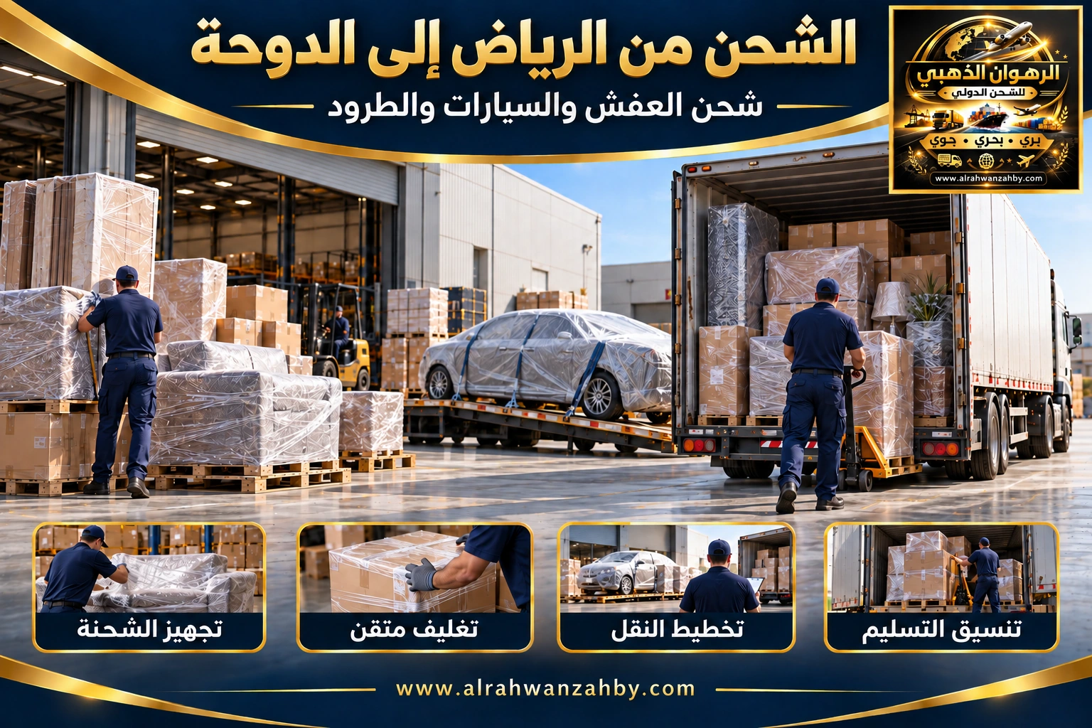 الشحن الدولي من الرياض إلى الدوحة — تصور توضيحي للرهوان الذهبي