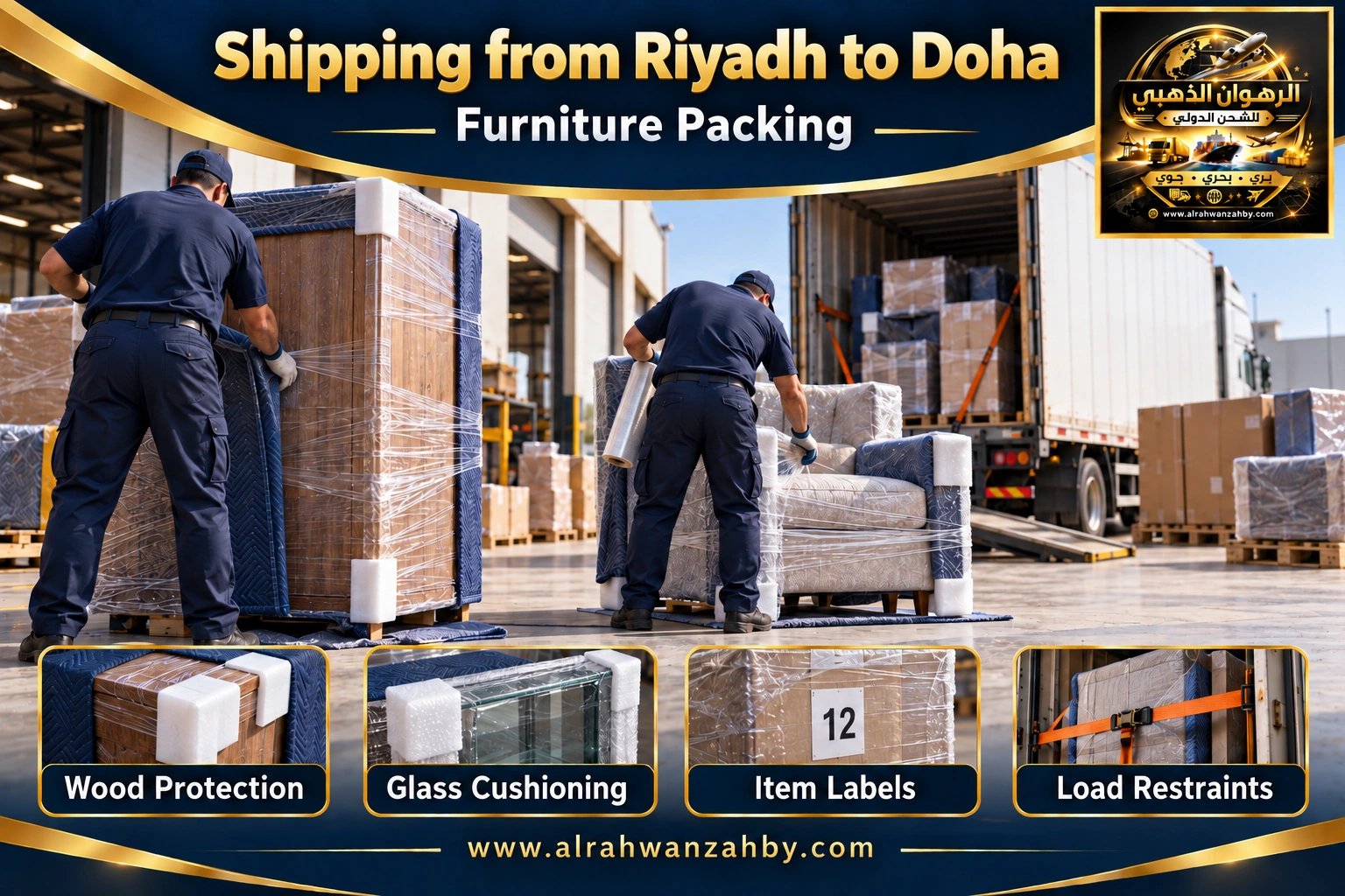 Furniture packing from Riyadh to Doha — Alrahwan Golden illustrative visual