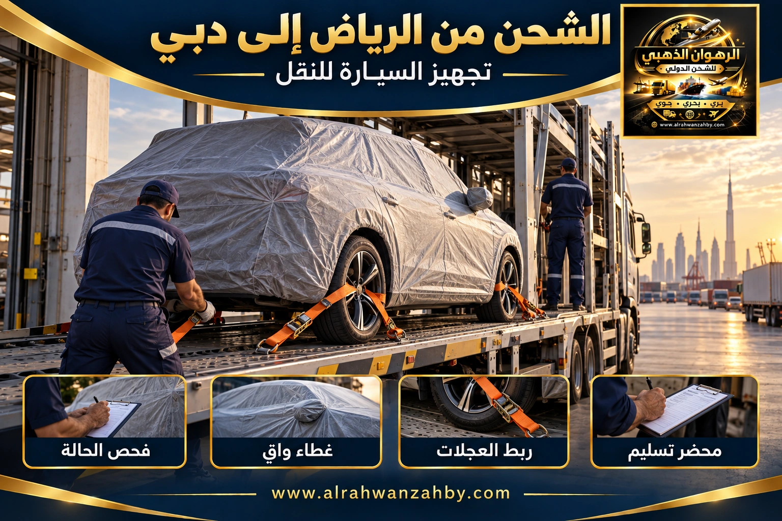 تجهيز السيارة للشحن من الرياض إلى دبي — تصور توضيحي للرهوان الذهبي