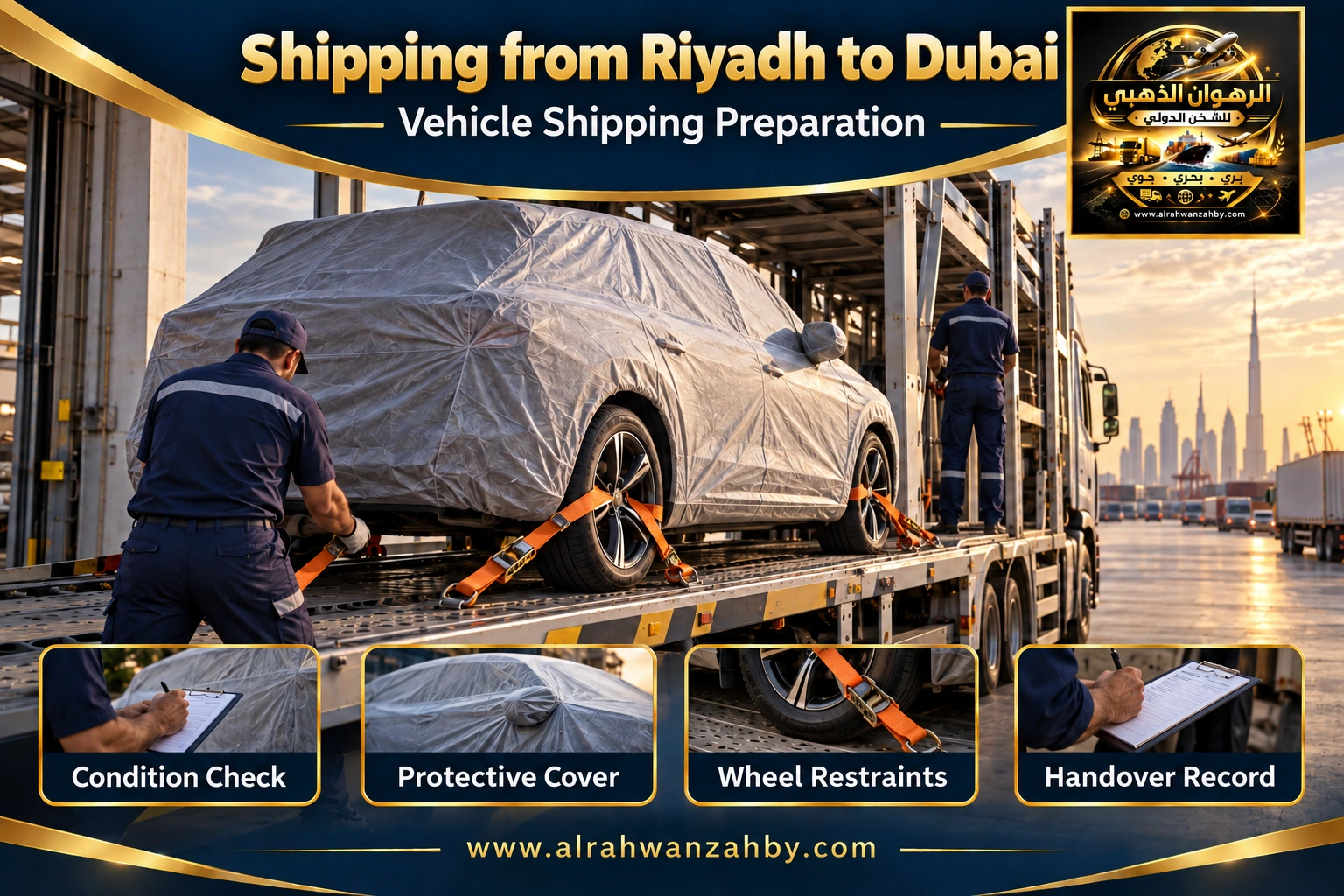 Vehicle shipping preparation from Riyadh to Dubai — Alrahwan Golden illustrative visual