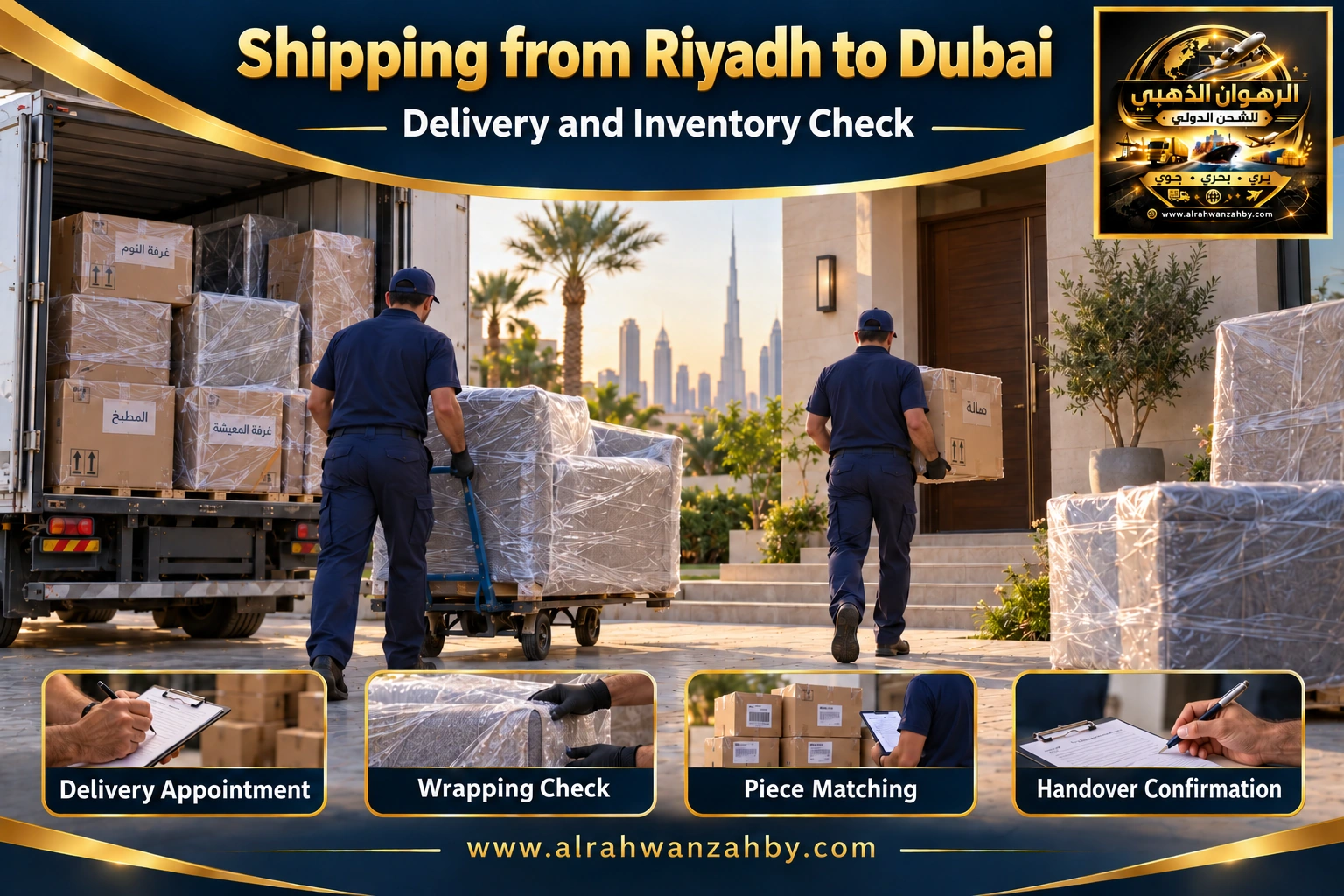 Delivery coordination and inventory matching from Riyadh to Dubai — Alrahwan Golden illustrative visual