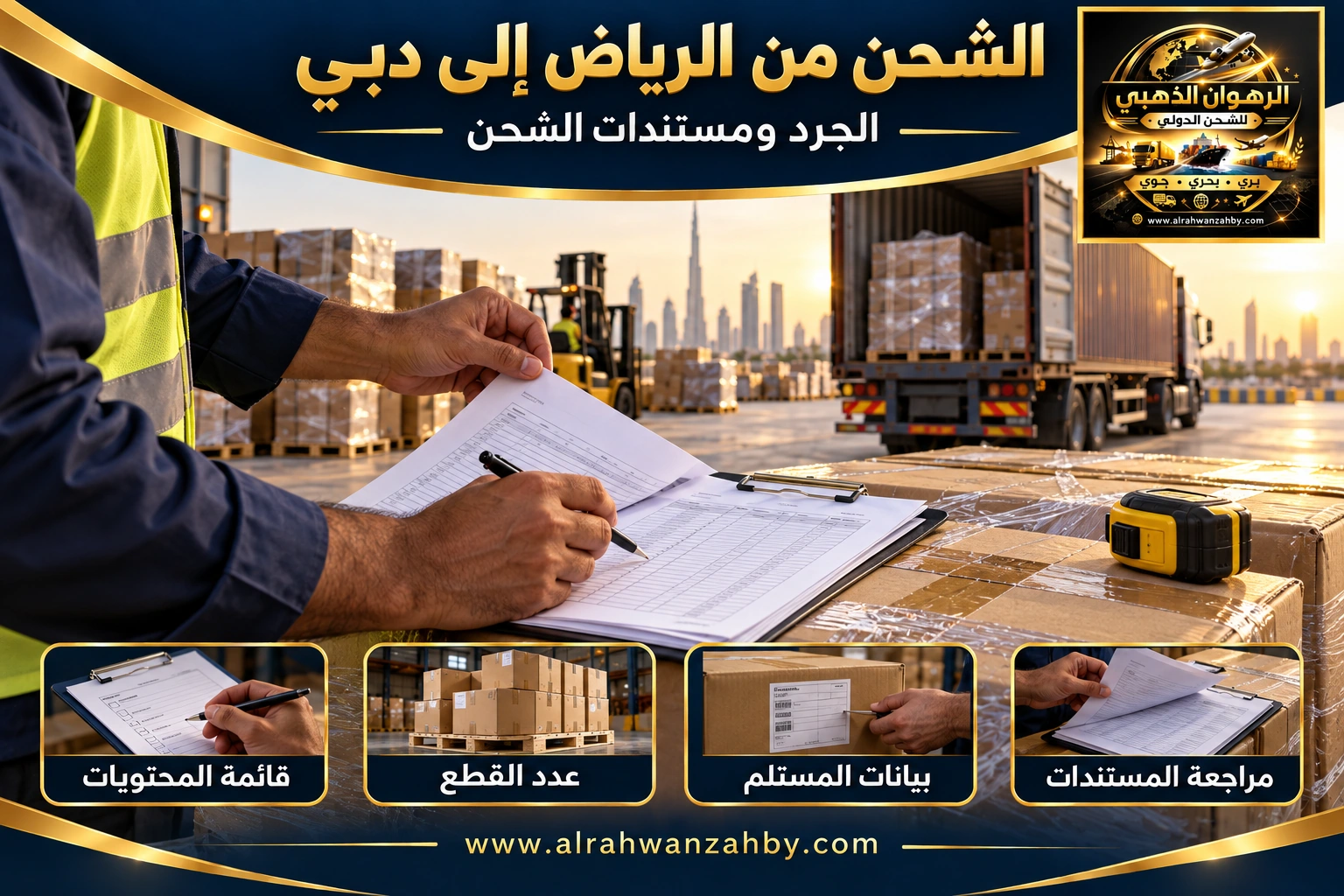 الجرد ومستندات الشحن من الرياض إلى دبي — تصور توضيحي للرهوان الذهبي