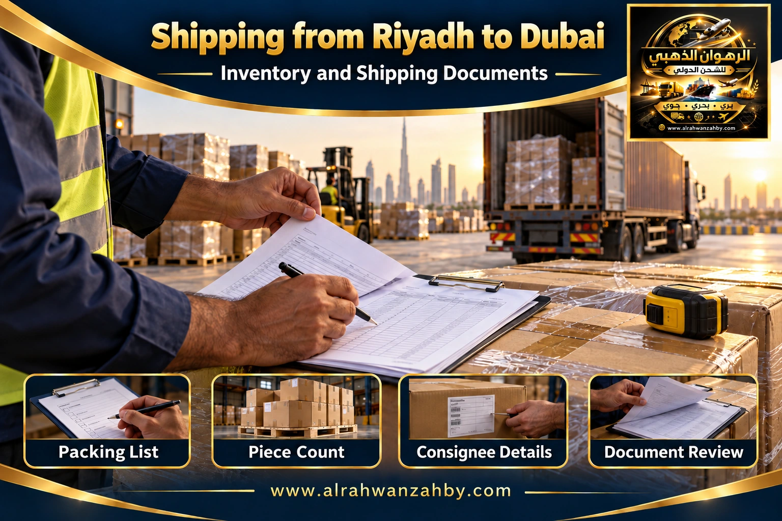 Inventory and shipping documents from Riyadh to Dubai — Alrahwan Golden illustrative visual