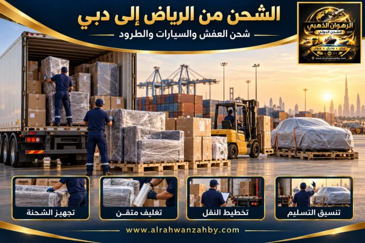 الشحن الدولي من الرياض إلى دبي — تصور توضيحي للرهوان الذهبي