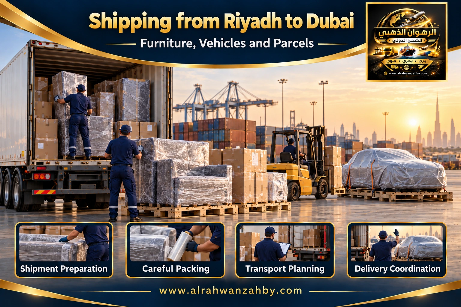 International shipping from Riyadh to Dubai — Alrahwan Golden illustrative visual