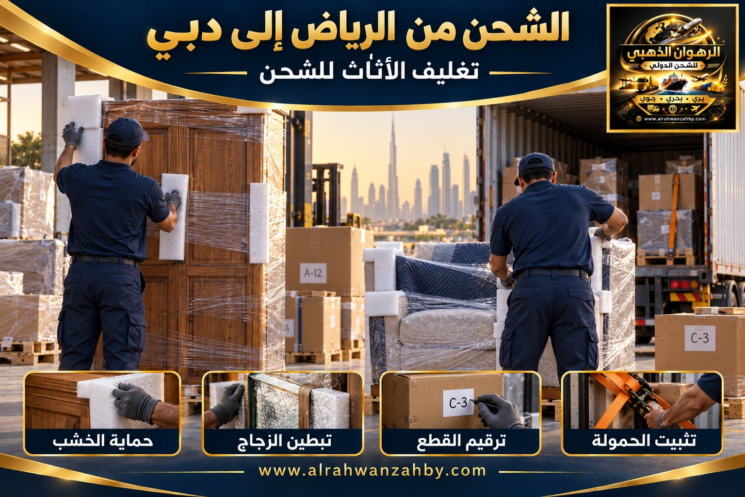 تغليف الأثاث من الرياض إلى دبي — تصور توضيحي للرهوان الذهبي