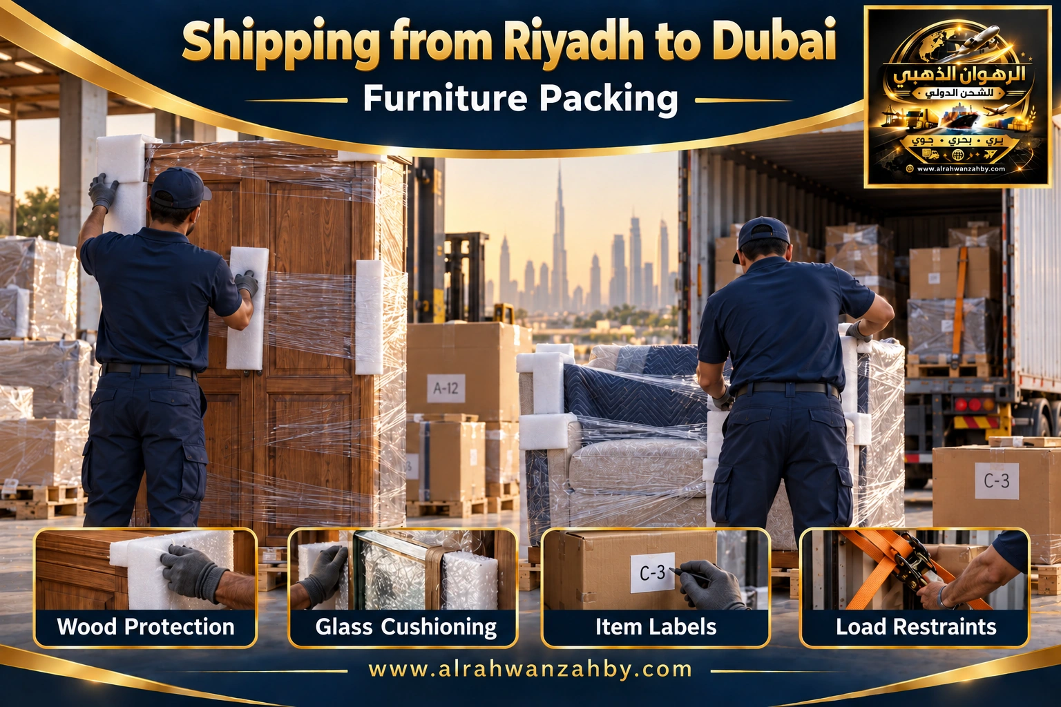 Furniture packing from Riyadh to Dubai — Alrahwan Golden illustrative visual