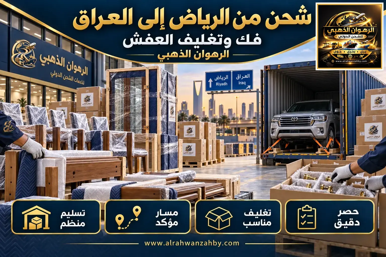 شحن من الرياض إلى العراق — فك وتغليف العفش