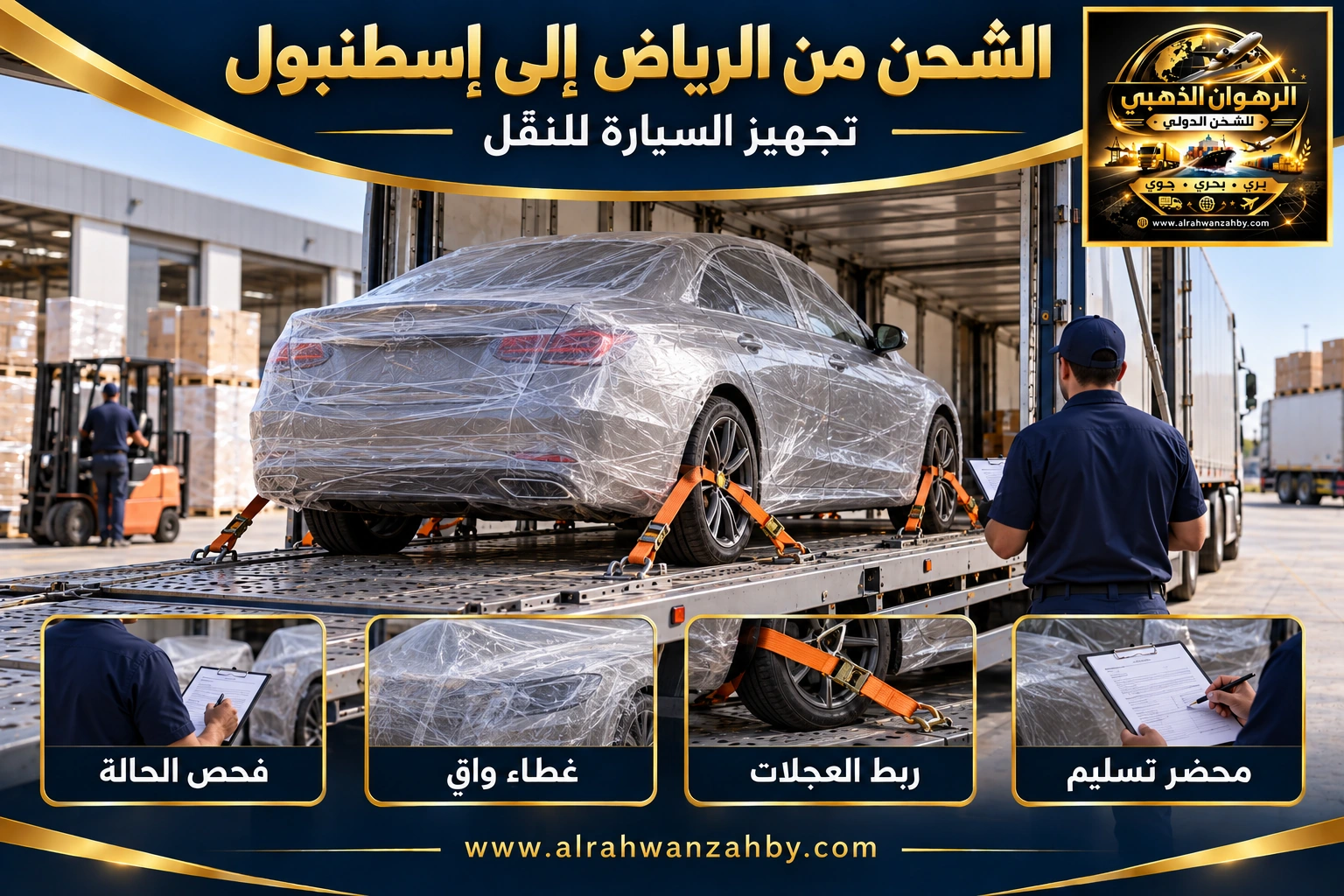 تجهيز السيارة للشحن من الرياض إلى إسطنبول — تصور توضيحي للرهوان الذهبي