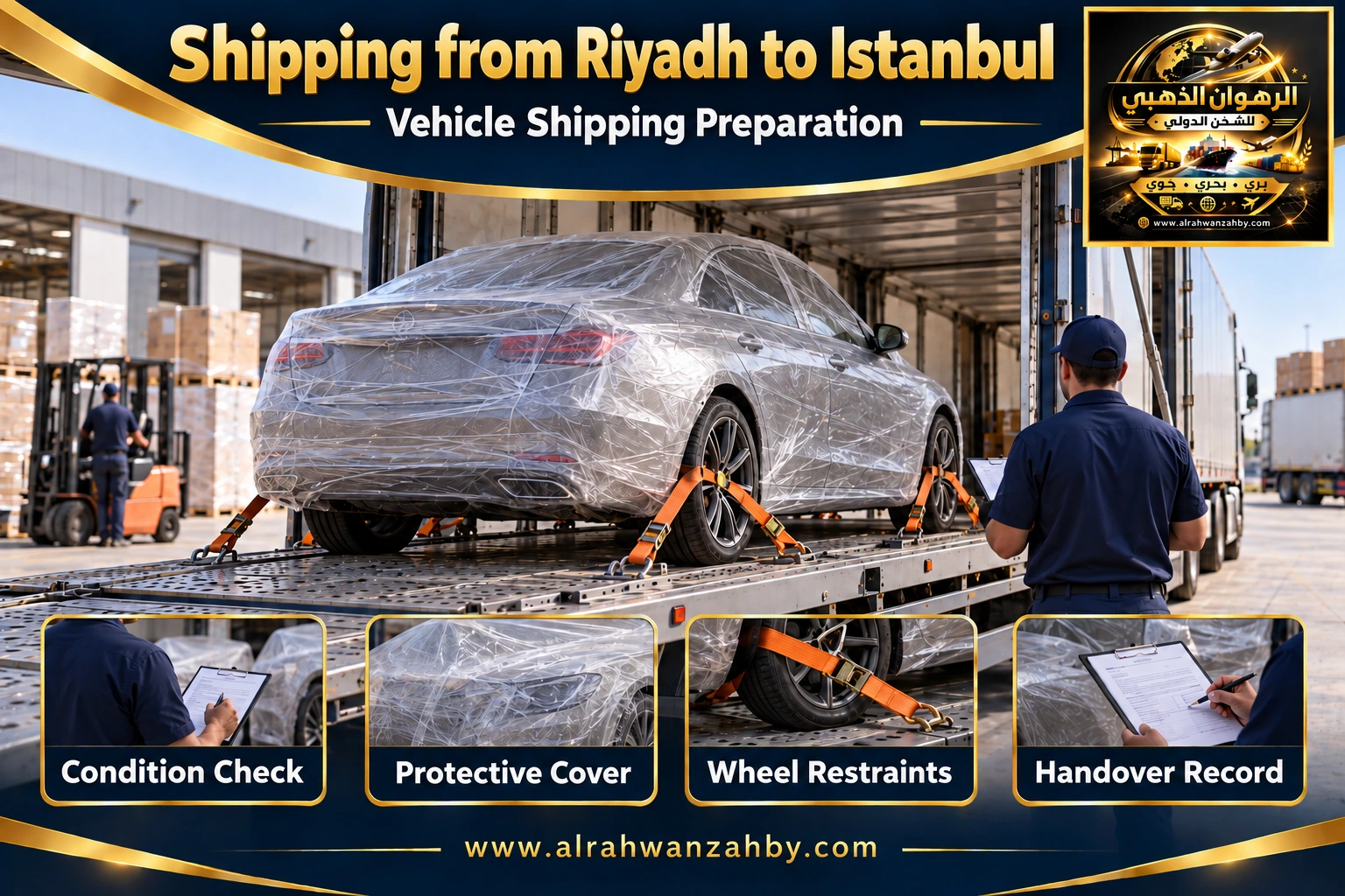 Vehicle shipping preparation from Riyadh to Istanbul — Alrahwan Golden illustrative visual