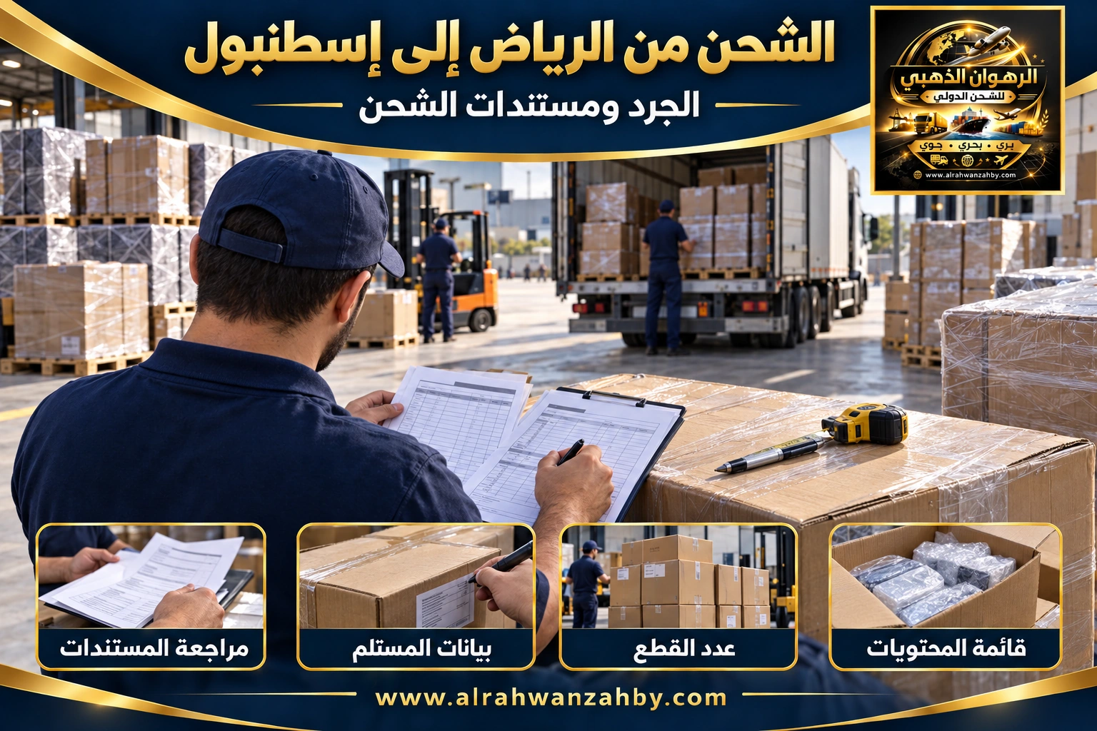 الجرد ومستندات الشحن من الرياض إلى إسطنبول — تصور توضيحي للرهوان الذهبي