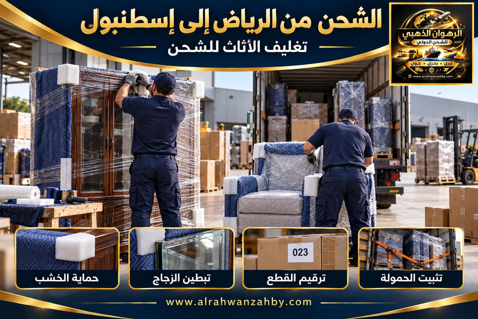 تغليف الأثاث من الرياض إلى إسطنبول — تصور توضيحي للرهوان الذهبي