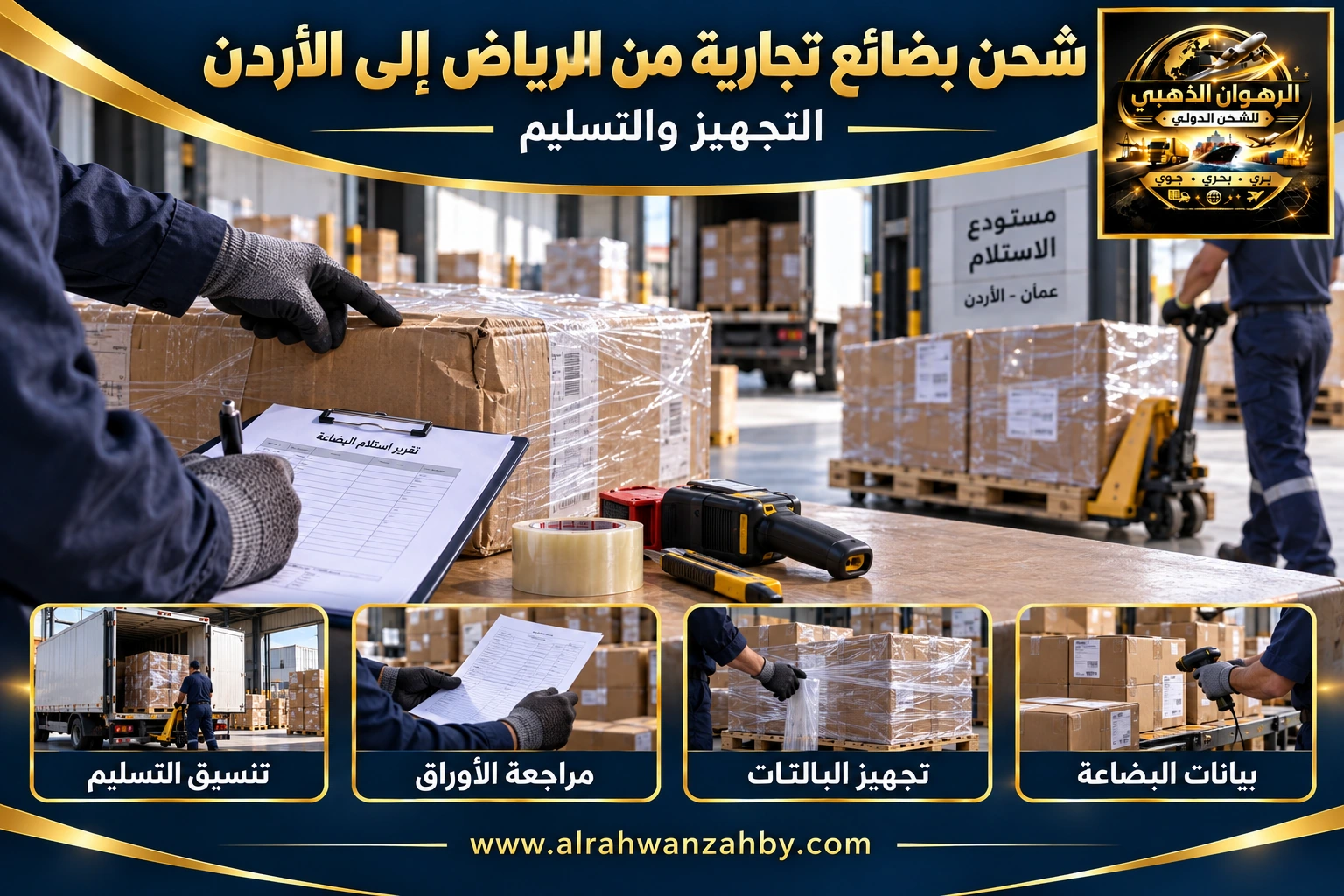 شحن بضائع تجارية من الرياض إلى الأردن — التجهيز والتسليم
