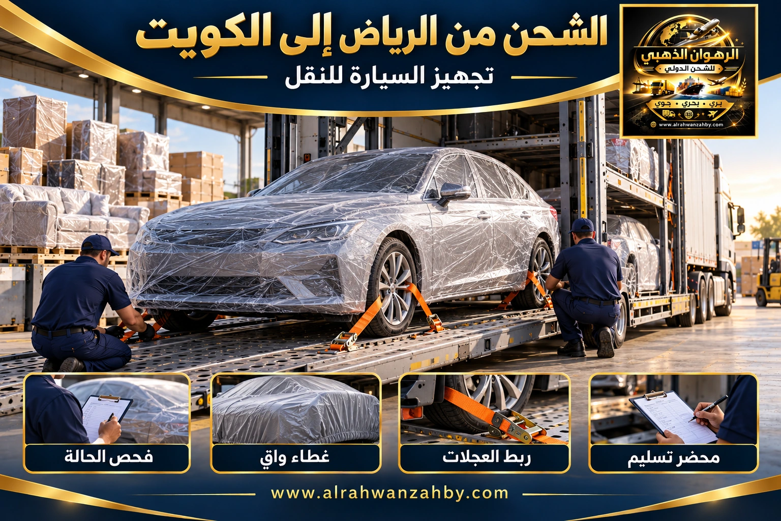 تجهيز السيارة للشحن من الرياض إلى مدينة الكويت — تصور توضيحي للرهوان الذهبي