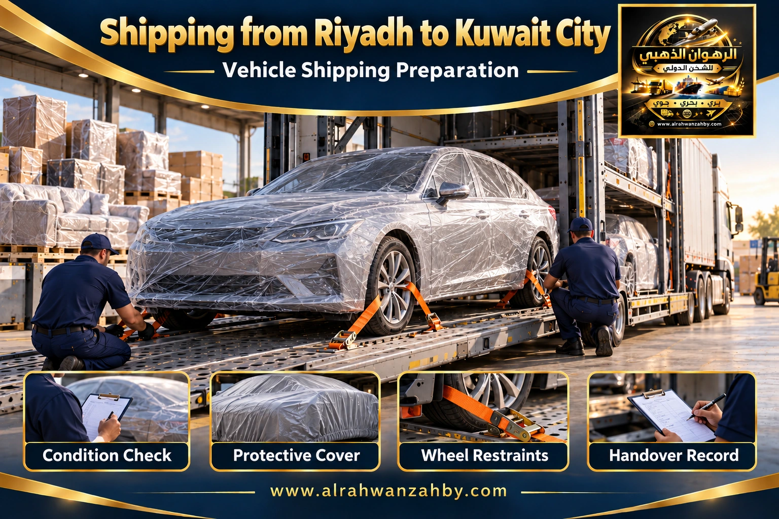 Vehicle shipping preparation from Riyadh to Kuwait City — Alrahwan Golden illustrative visual