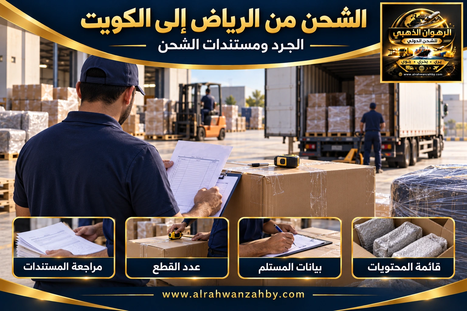 الجرد ومستندات الشحن من الرياض إلى مدينة الكويت — تصور توضيحي للرهوان الذهبي