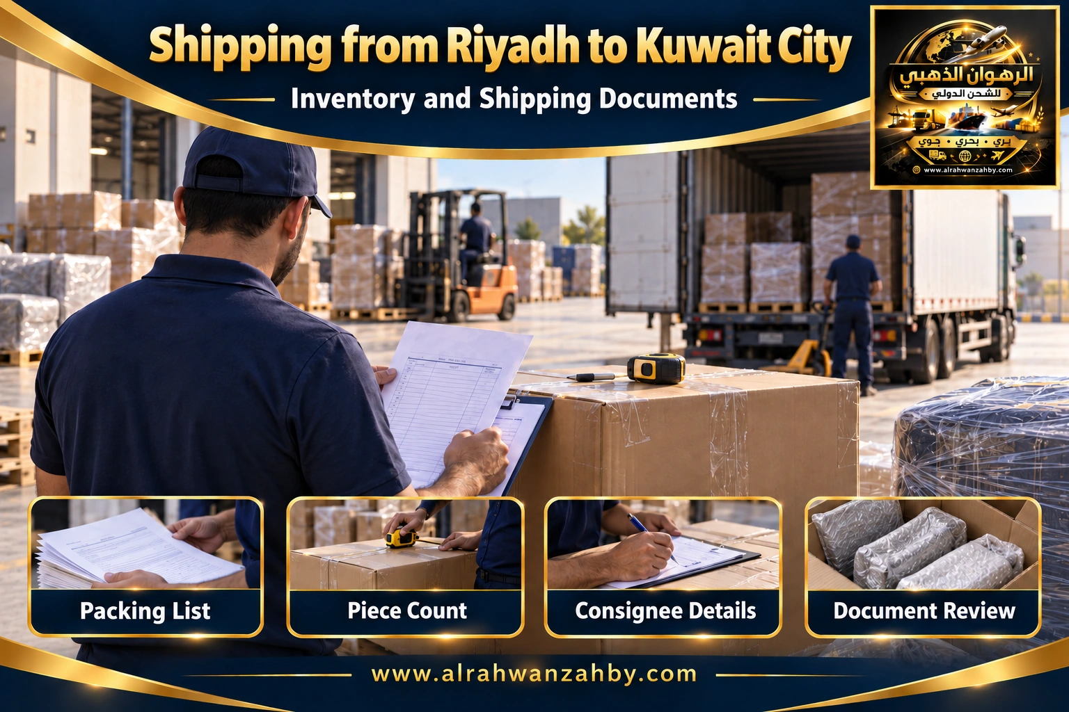 Inventory and shipping documents from Riyadh to Kuwait City — Alrahwan Golden illustrative visual