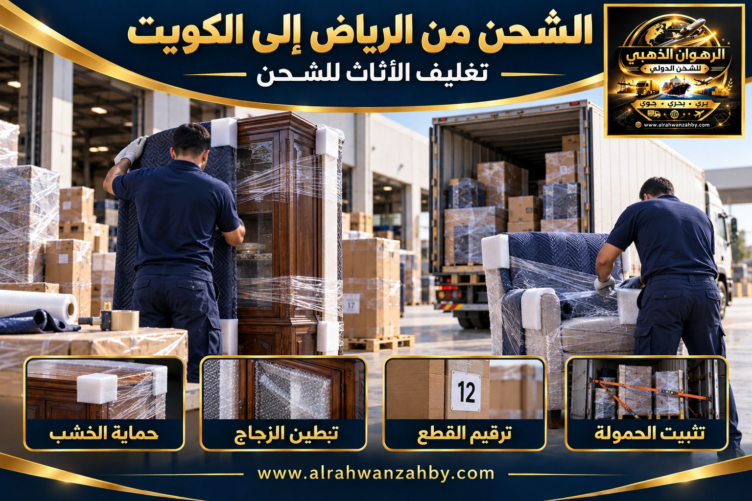 تغليف الأثاث من الرياض إلى مدينة الكويت — تصور توضيحي للرهوان الذهبي
