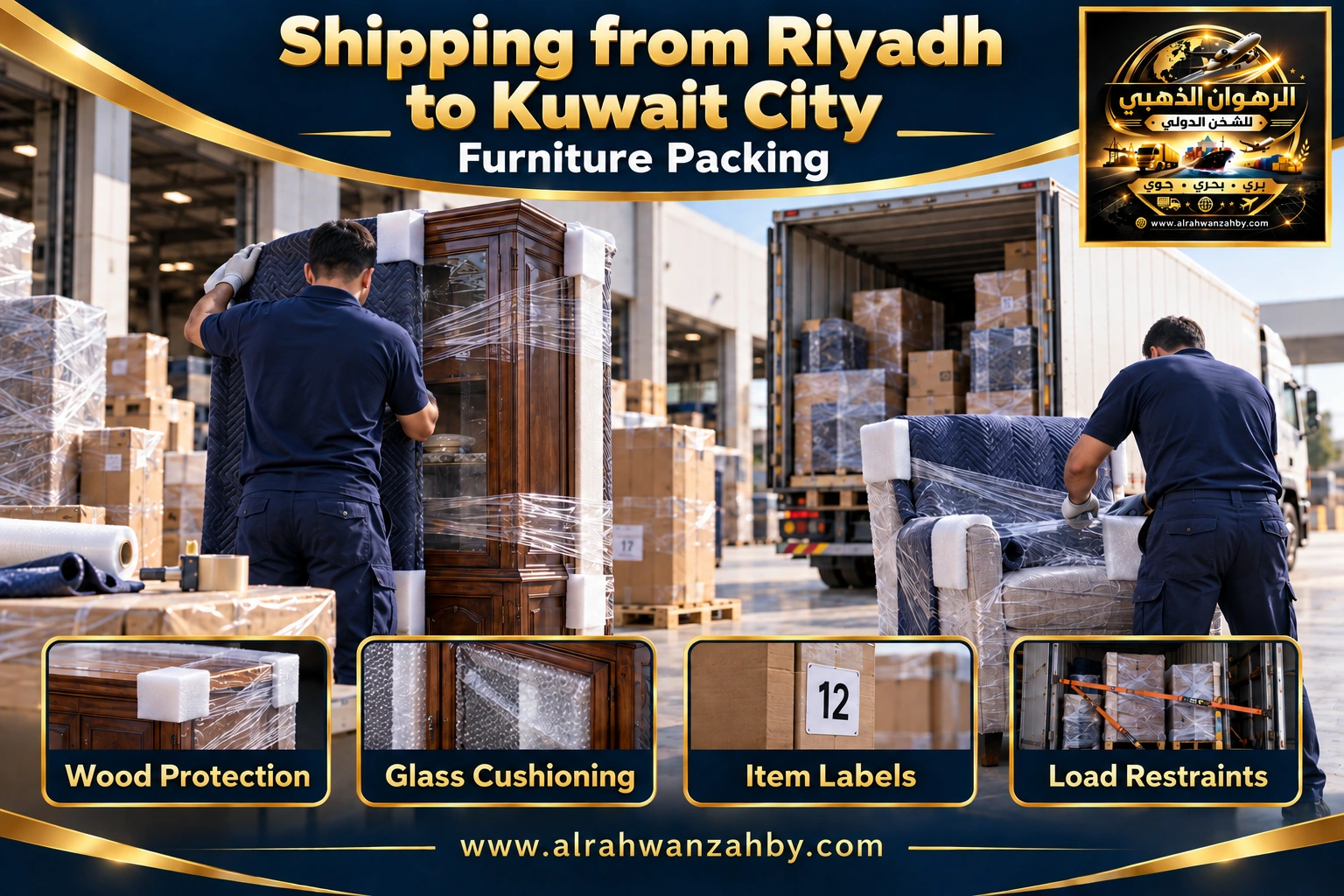 Furniture packing from Riyadh to Kuwait City — Alrahwan Golden illustrative visual