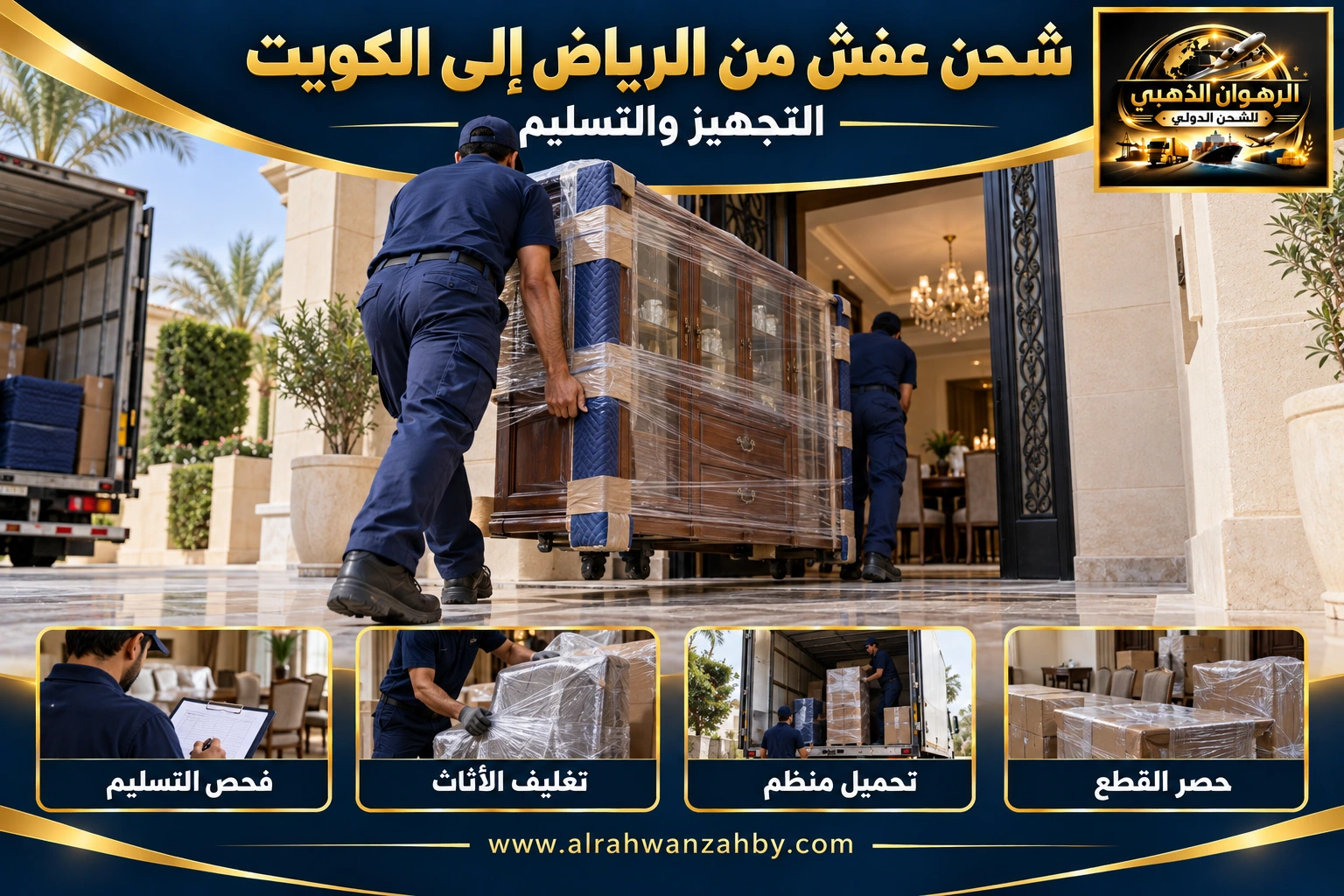 شحن عفش من الرياض إلى الكويت — التجهيز والتسليم