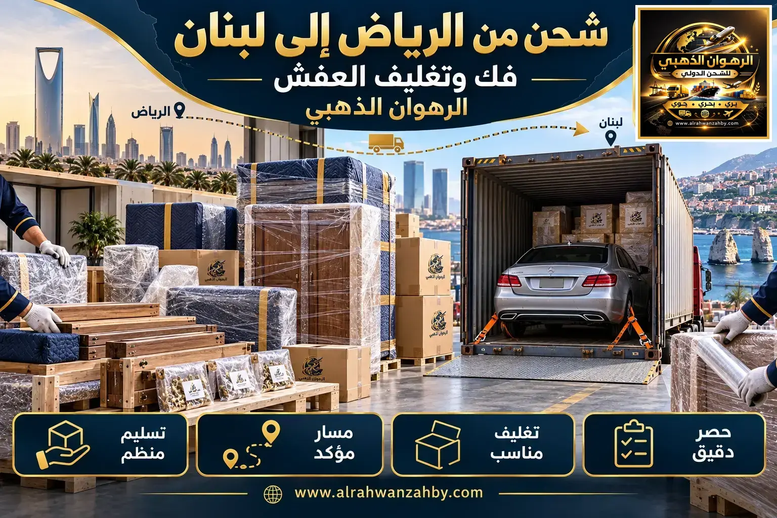 شحن من الرياض إلى لبنان — فك وتغليف العفش