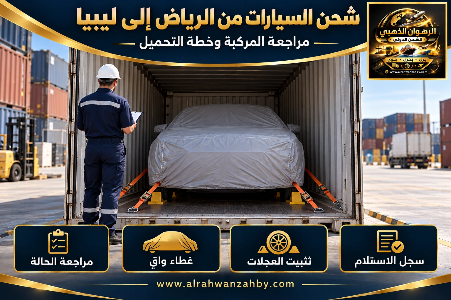 تجهيز السيارة للشحن من الرياض إلى ليبيا — تصور توضيحي للرهوان الذهبي