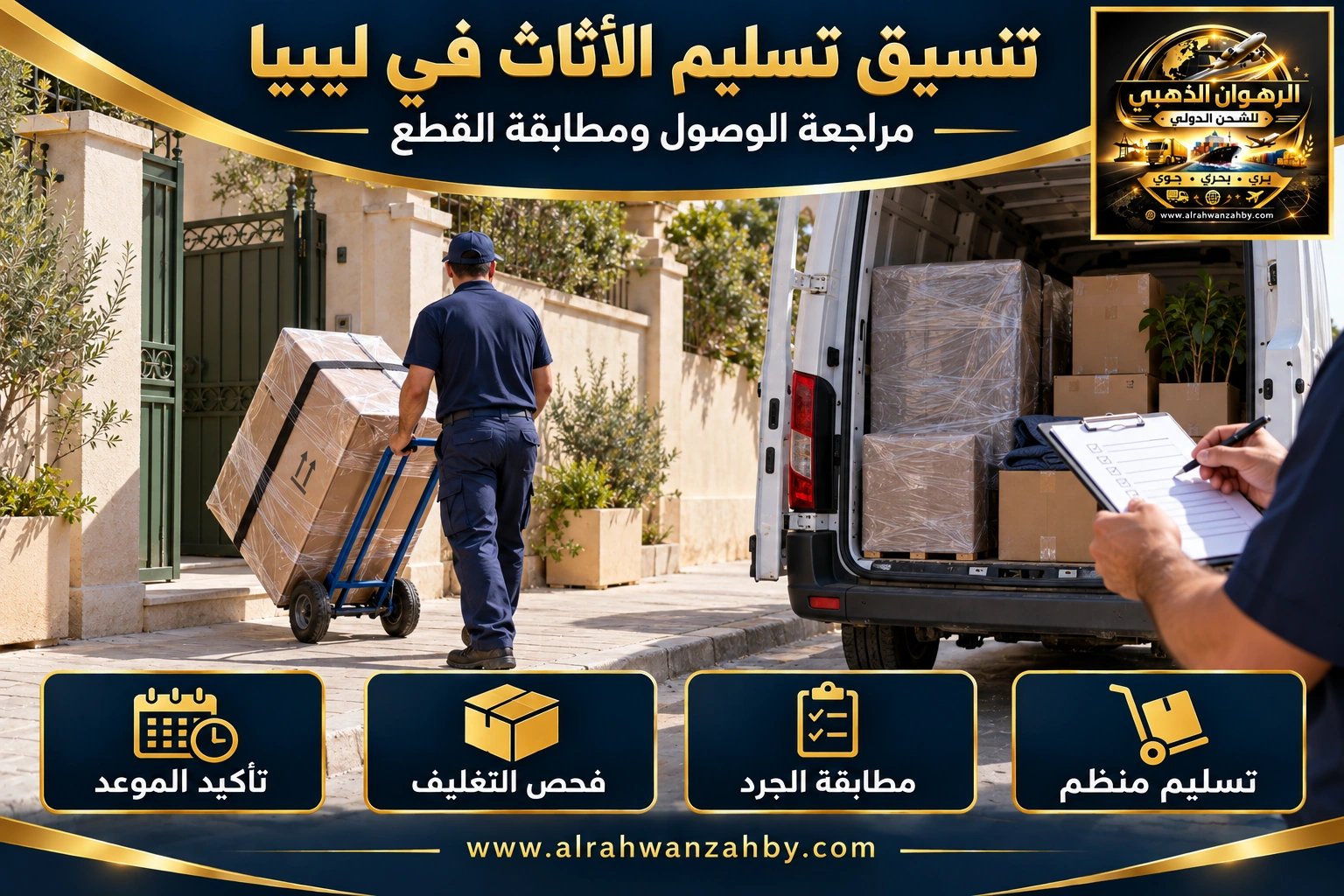 تنسيق التسليم ومطابقة الجرد من الرياض إلى ليبيا — تصور توضيحي للرهوان الذهبي