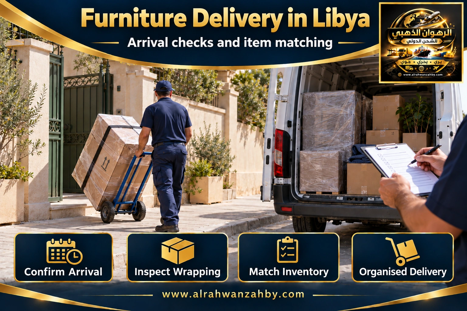 Delivery coordination and inventory matching from Riyadh to Libya — Alrahwan Golden illustrative visual