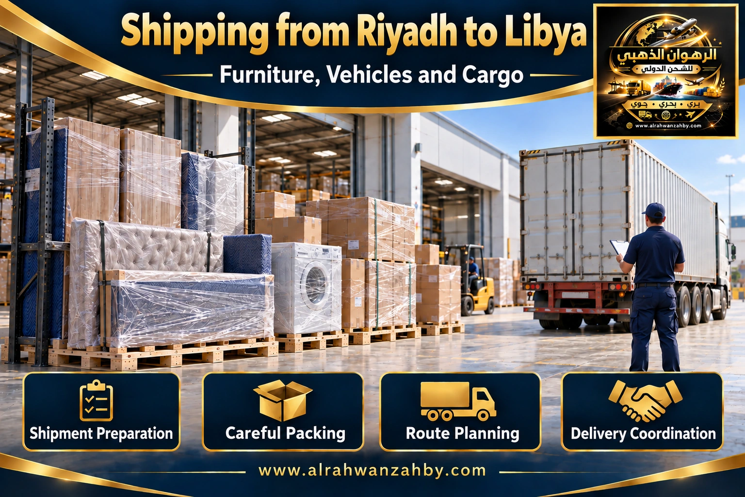 International shipping from Riyadh to Libya — Alrahwan Golden illustrative visual