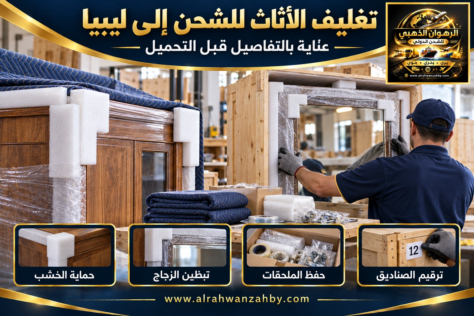 تغليف الأثاث من الرياض إلى ليبيا — تصور توضيحي للرهوان الذهبي