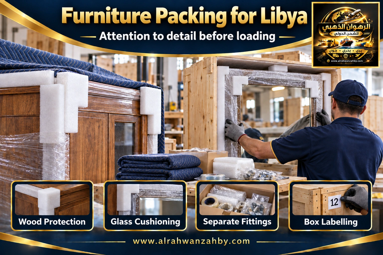 Furniture packing from Riyadh to Libya — Alrahwan Golden illustrative visual